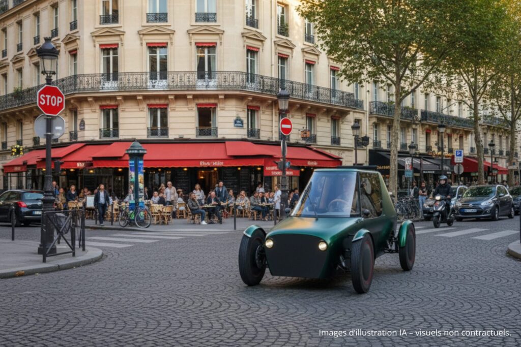 Arsène, voiture verte, en ville
